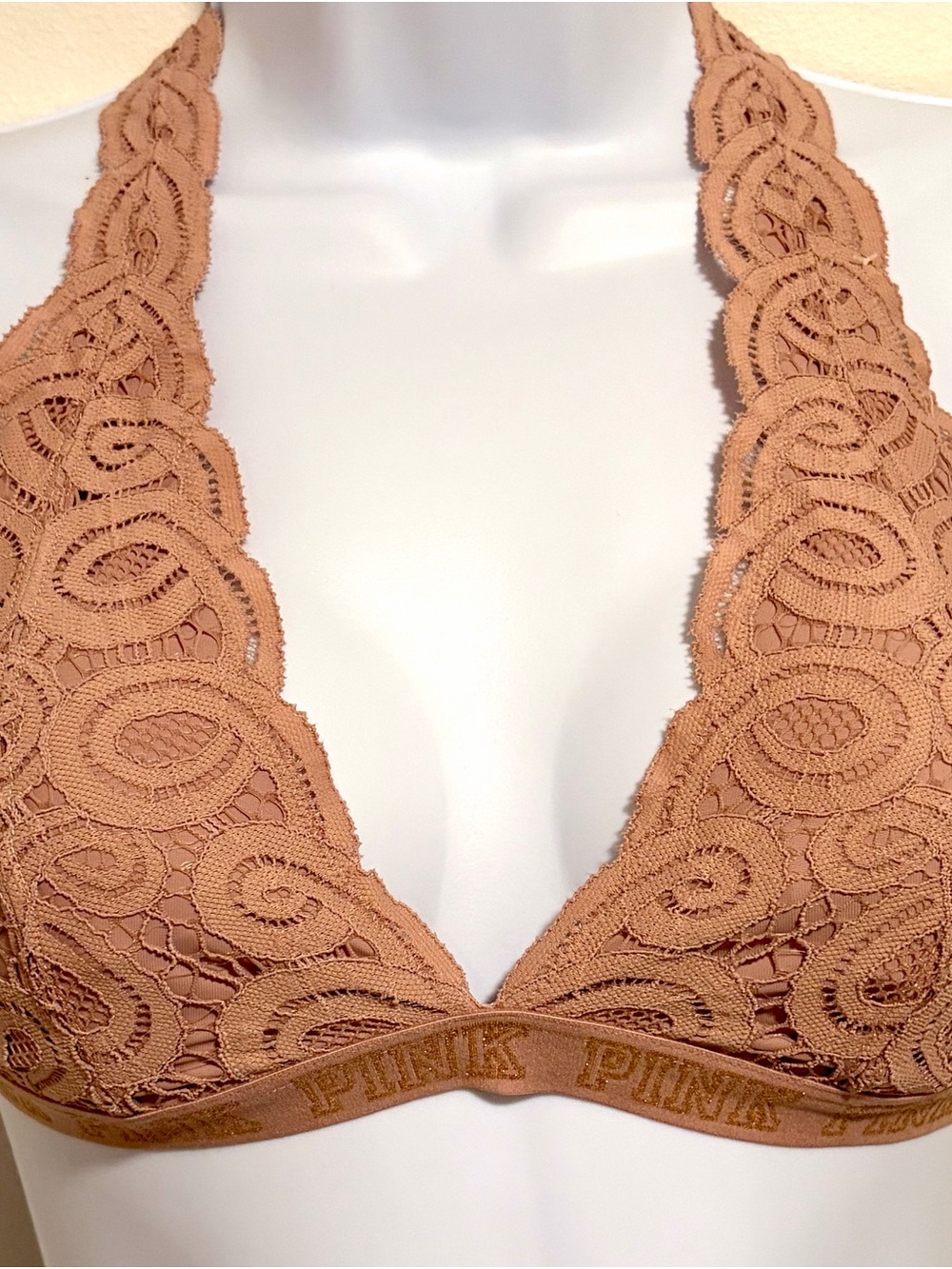 PINK Victoria's Secret Lace Halter Bralette in Tan/Nude